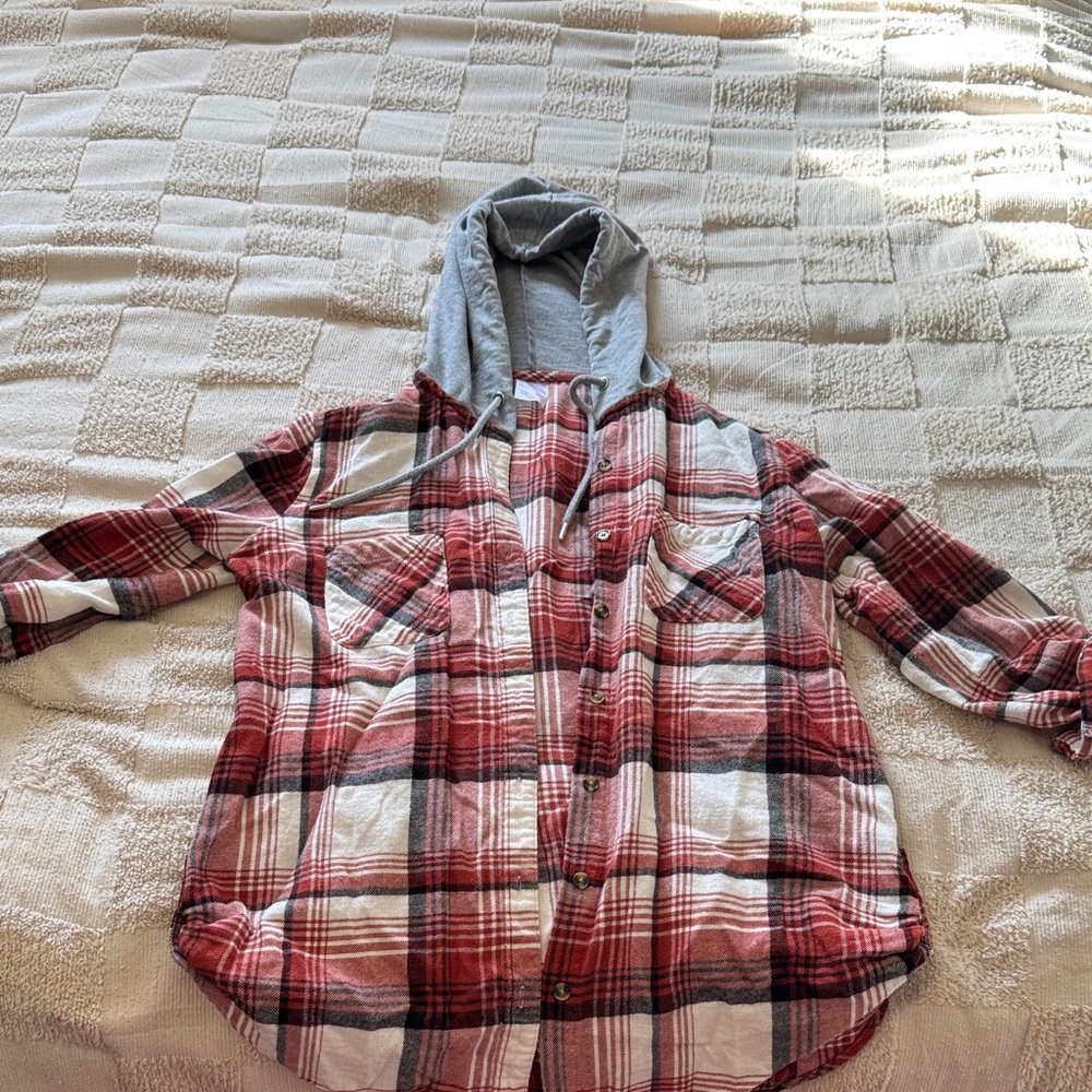 No Boundaries Red and Gray Plaid Hooded Shirt